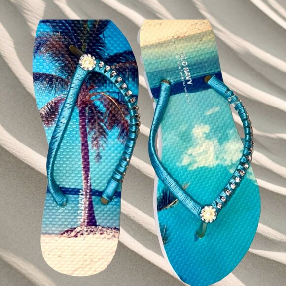 Tropical Flip Flops, Rhinestones, Crystals, Beach Wedding, Pool Party Gift Sz 6 - Picture 4 of 16